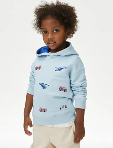 M&S Boys Cotton Rich Embroidered Transport Hoodie (2-8 Yrs) - 4-5 Y - Blue, Blue