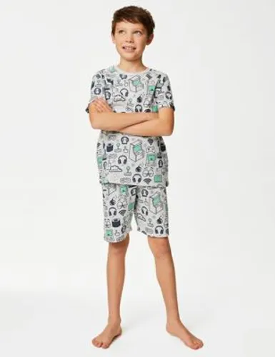 M&S Boys Cotton Rich Gaming Pyjamas (7-14 Yrs) - 7-8 Y - Grey Marl, Grey Marl