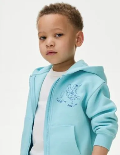 M&S Boys Cotton Rich Turtle Zip Hoodie (2-8 Yrs) - 2-3 Y - Turquoise, Turquoise