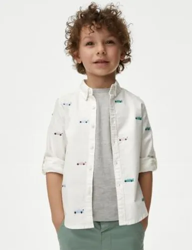 M&S Boys Pure Cotton Embroidered Shirt (2-8 Yrs) - 3-4 Y - White Mix, White Mix
