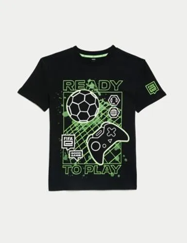 M&S Boys Pure Cotton FIFA Gaming T-Shirt (6-16 Yrs) - 7-8 Y - Black, Black