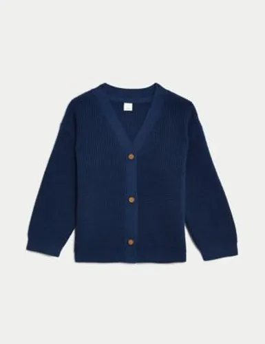 M&S Boys Pure Cotton Knitted Textured Cardigan (0-3 Yrs) - 9-12M - Navy, Navy,Ivory