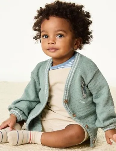 M&S Boys Pure Cotton Peter Rabbit™ Knitted Cardigan (0-36 Mths) - 9-12M - Green Mix, Green Mix,Navy Mix