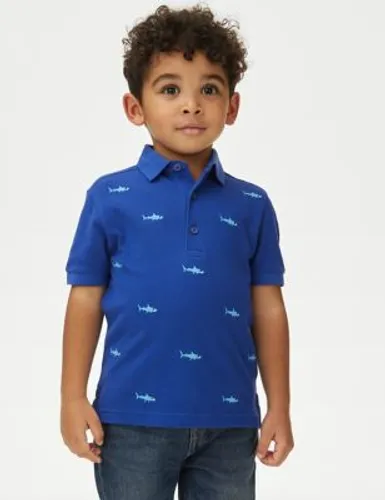 M&S Boys Pure Cotton Shark Embroidered Polo Shirt (2-8 Yrs) - 3-4 Y - Cobalt, Cobalt