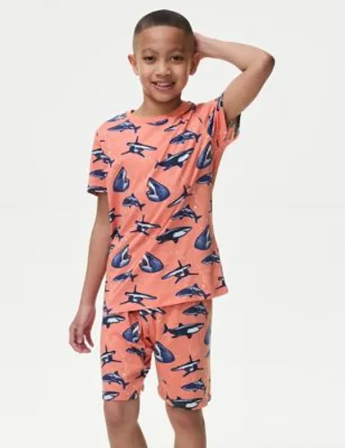 M&S Boys Pure Cotton Shark Print Pyjamas (7-14 Yrs) - 8-9 Y - Pink Mix, Pink Mix