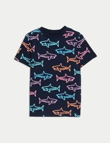 M&S Boys Pure Cotton Shark Print T-Shirt - 3-4 Y - Navy Mix, Navy Mix