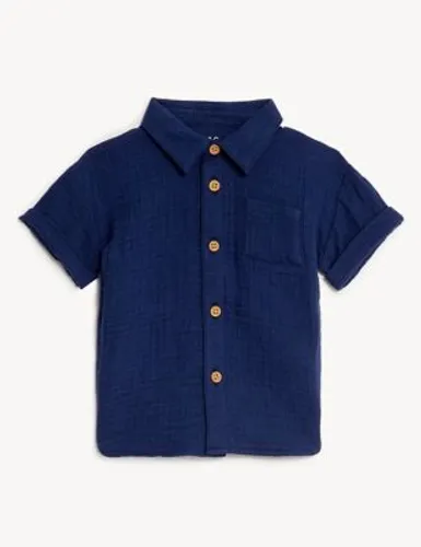 M&S Boys Pure Cotton Shirt (0-3 Yrs) - 3-6 M - Indigo, Indigo,Azure Blue,White