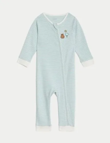 M&S Boys Pure Cotton Striped Bear Zip Sleepsuit (7lbs-1 Yrs) - 6-9 M - Teal Mix, Teal Mix