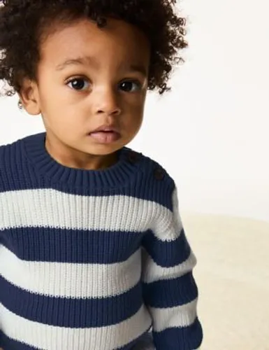 M&S Boys Pure Cotton Striped Knitted Jumper (0-3 Yrs) - 3-6 M - Navy Mix, Navy Mix,Green Mix