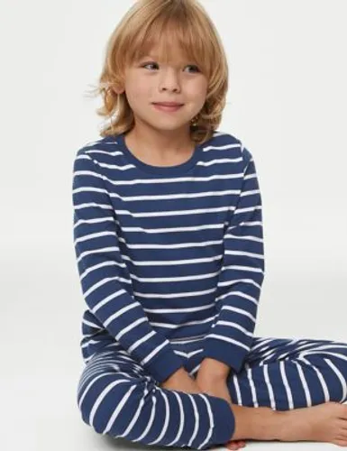 M&S Boys Pure Cotton Striped Pyjamas (1-8 Yrs) - 4-5 Y - Navy, Navy