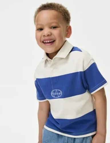 M&S Boys Pure Cotton Striped Rugby Shirt (2-8 Yrs) - 2-3 Y - Bright Blue Mix, Bright Blue Mix,Soft Blue Mix