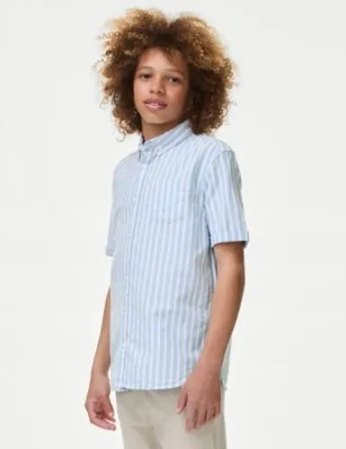 M&S Boys Pure Cotton Striped Shirt (6-16 Yrs) - 6-7 Y - Blue Mix, Blue Mix