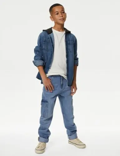 M&S Boys Relaxed Denim Cargo Jeans (6-16 Yrs) - 7-8 Y - Blue Denim, Blue Denim