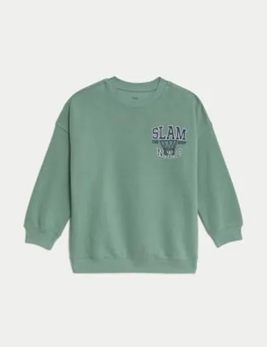 M&S Cotton Rich Basketball Sweatshirt (6-16 Yrs) - 8-9 Y - Smokey Green, Smokey Green