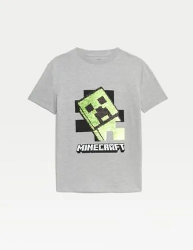 M&S Cotton Rich Minecraft™ Sequin T-shirt (6-16 Yrs) - 8-9 Y - Grey Marl, Grey Marl