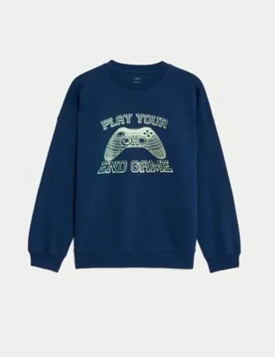 M&S Cotton Rich Play Your End Game Sweatshirt (6-16 Yrs) - 6-7 Y - Navy Mix, Navy Mix