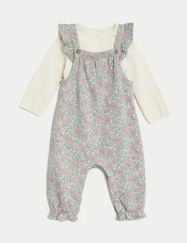 M&S Girls 2pc Cotton Rich Ditsy Floral Dungaree Outfit (1-3 Yrs) - 2-3Y - Willow, Willow