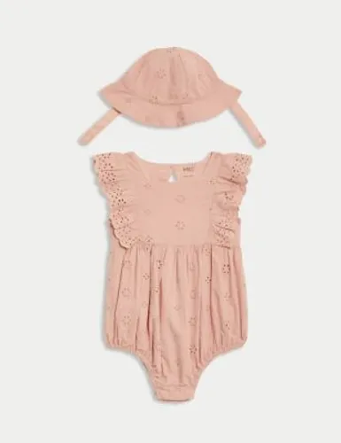 M&S Girls 2pc Pure Cotton Broderie Romper (0-3 Yrs) - 0-3 M - Pink, Pink