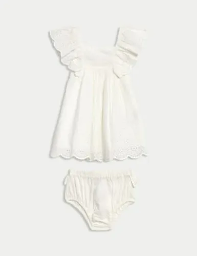 M&S Girls 2pc Pure Cotton Dress Outfit (0-3 Yrs) - 6-9 M - Cream, Cream