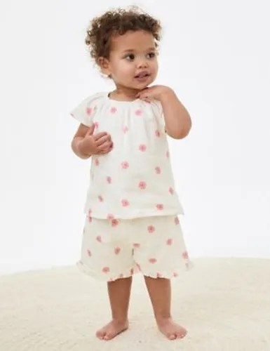 M&S Girls 2pc Pure Cotton Flower Top & Bottom Outfit (0-3 Yrs) - 6-9 M - Cream Mix, Cream Mix
