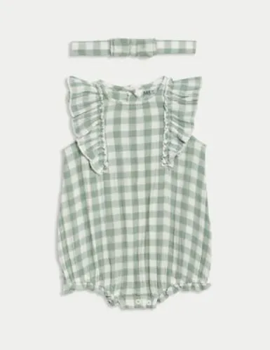 M&S Girls 2pc Pure Cotton Gingham Romper (0-3 Yrs) - 12-18 - Green Mix, Green Mix