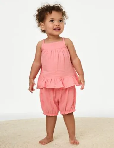 M&S Girls 2pc Pure Cotton Top & Shorts Outfit (0 Mths-3 Yrs) - 3-6 M - Coral, Coral