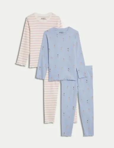 M&S Girls 2pk Cotton Rich Pyjama Sets (1-8 Yrs) - 6-7 Y - Blue Mix, Blue Mix