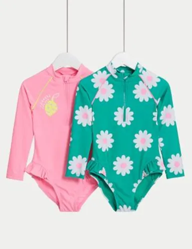 M&S Girls 2pk Floral Long Sleeve Swimsuits (2-8 Yrs) - 2-3 Y - Multi, Multi