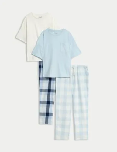M&S Girls 2pk Pure Cotton Checked Pyjama Sets (6-16 Yrs) - 7-8 Y - Blue Mix, Blue Mix