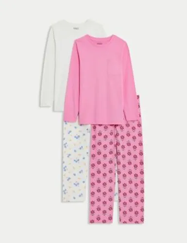 M&S Girls 2pk Pure Cotton Floral Pyjamas - 6-7 Y - Pink Mix, Pink Mix