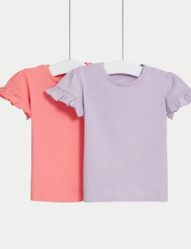 M&S Girls 2pk Pure Cotton Frill T-Shirts (0-36 Mths) - 3-6 M - Pink Mix, Pink Mix