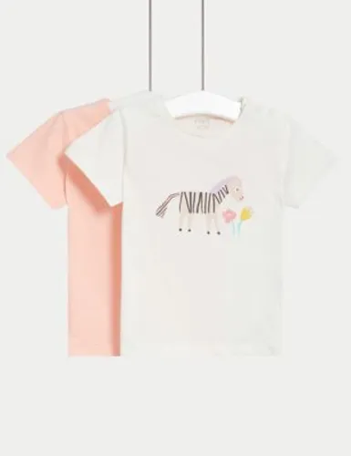 M&S Girls 2pk Pure Cotton Print T-Shirts (0-3 Yrs) - 0-3 M - Multi, Multi