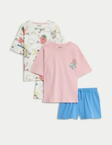 M&S Girls 2pk Pure Cotton Skate Shortie Pyjama Sets (6-16 Yrs) - 6-7 Y - Pink, Pink