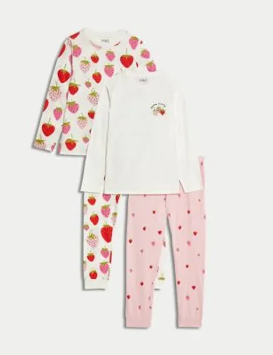 M&S Girls 2pk Pure Cotton Strawberry Pyjama Sets (6-16 Yrs) - 12-13 - Ivory, Ivory