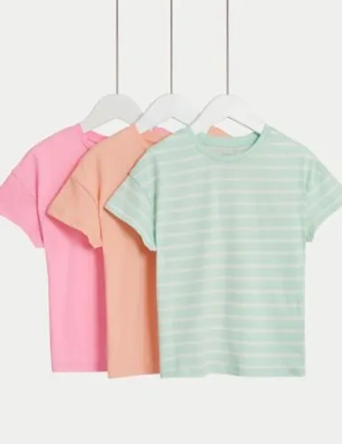 M&S Girls 3pk Cotton Blend T-Shirts (2-8 Yrs) - 3-4 Y - Multi, Multi
