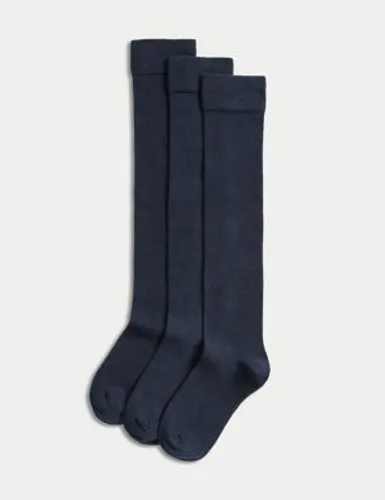 M&S Girls 3pk Cotton Rich Over the Knee Socks - 8-12 - Navy, Navy,Grey,Black