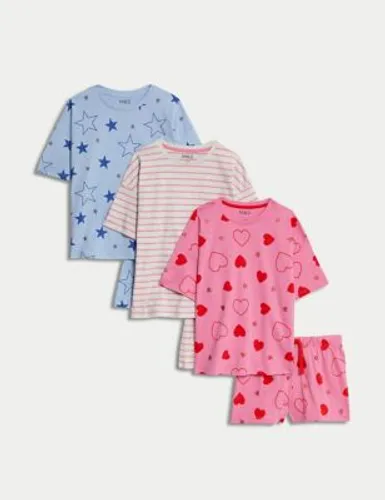 M&S Girls 3pk Cotton Rich Patterned Pyjama Sets (6-16 Yrs) - 15-16 - Pink Mix, Pink Mix
