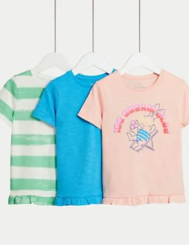 M&S Girls 3pk Pure Cotton Bunny T-Shirts (2-8 Yrs) - 7-8 Y - Blue Mix, Blue Mix