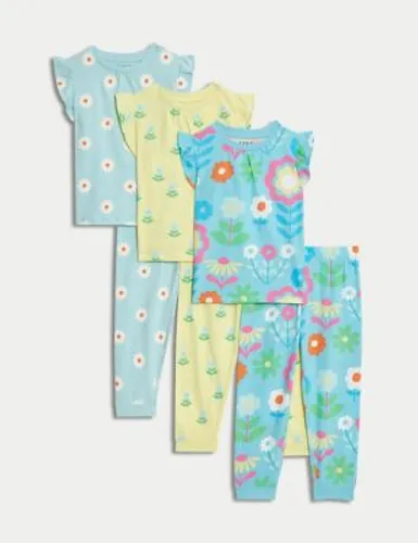 M&S Girls 3pk Pure Cotton Floral Pyjama Sets (1-8 Yrs) - 6-7 Y - Blue Mix, Blue Mix