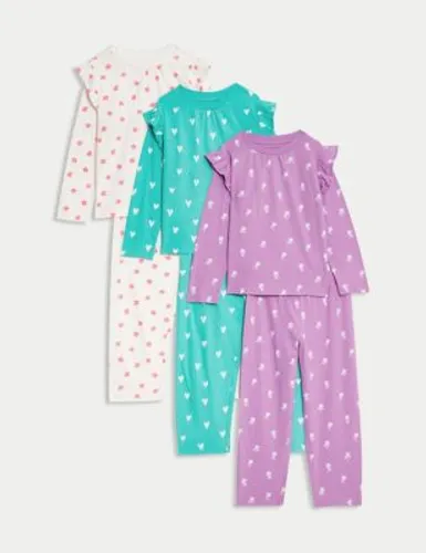 M&S Girls 3pk Pure Cotton Floral Pyjamas (1-8 Yrs) - 5-6 Y - Purple, Purple
