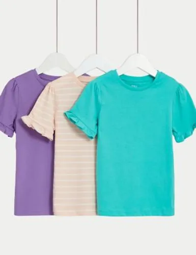 M&S Girls 3pk Pure Cotton Frill T-Shirts (2-8 Yrs) - 2-3 Y - Multi, Multi