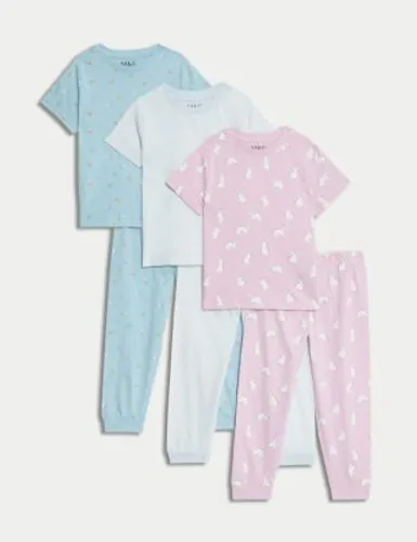 M&S Girls 3pk Pure Cotton Patterned Pyjama Sets (1-8 Yrs) - 3-4 Y - Pink Mix, Pink Mix