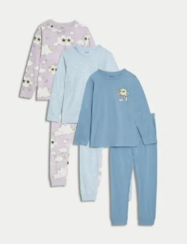 M&S Girls 3pk Pure Cotton Patterned Pyjama Sets (6-16 Yrs) - 6-7 Y - Blue Mix, Blue Mix