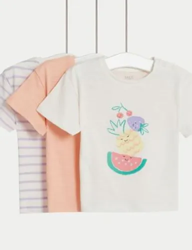 M&S Girls 3pk Pure Cotton Patterned T-Shirts (0-3 Yrs) - 0-3 M - Multi, Multi