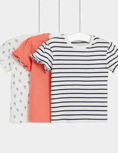 M&S Girls 3pk Pure Cotton Striped & Floral Tops (0-3 Years) - 3-6 M - Multi, Multi