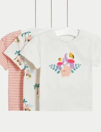 M&S Girls 3pk Pure Cotton Tropical Print T-Shirts (0-3 Yrs) - 0-3 M - Cream Mix, Cream Mix