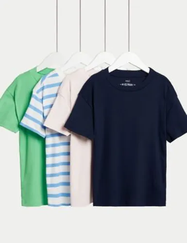 M&S Girls 4pk Cotton Rich Plain & Striped T-Shirts (6-16 Yrs) - 7-8 Y - Multi, Multi