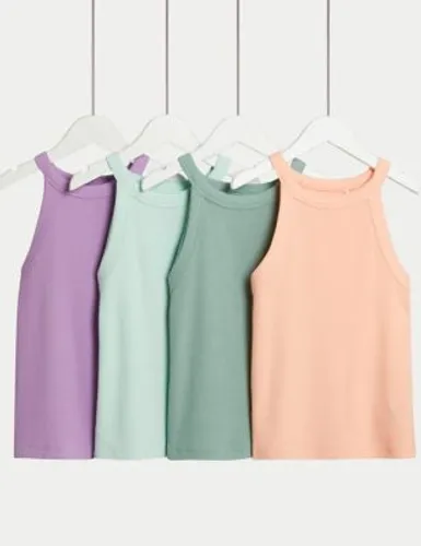 M&S Girls 4pk Cotton Rich Ribbed Vest Tops (6-16 Yrs) - 11-12 - Multi, Multi