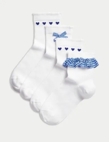 M&S Girls 4pk Cotton Rich School Socks (6 Small - 7 Large) - 12+3+ - Blue Mix, Blue Mix