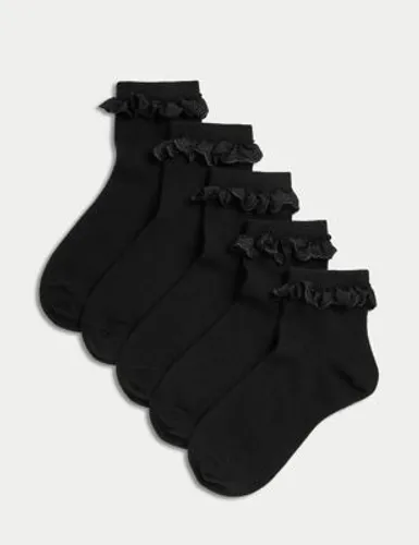 M&S Girls 5pk Cotton Blend Frill Socks (6 Small - 7 Large) - 6-8+ - Black Mix, Black Mix,Grey Mix,White